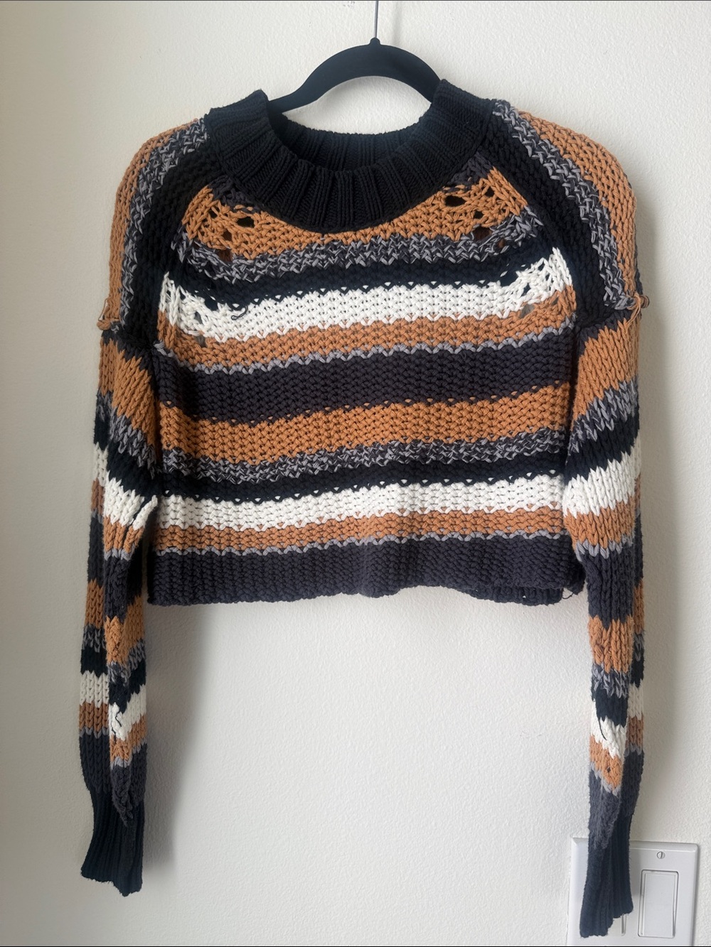 Free People Striped Cropped Crewneck Sweater - Black, Cream & Brown